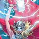 Jane Foster as The Mighty Thor, wielding her hammer and surrounded by lightning.